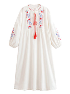 Floral Emberoidery, Linen Cotton Maxi Dress,Tassel Boho Dress