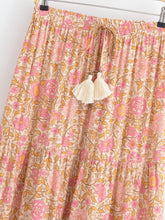 Load image into Gallery viewer, Pink Floral Tiered Boho Maxi Skirt - Elastic Waist Tassel
