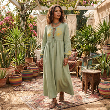 Load image into Gallery viewer, Linen Cotton,Wild Floral Embroidery , Lace-up Tassel Maxi Boho Dress
