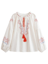 Load image into Gallery viewer, Retro Floral Embroidered, Linen Cotton Blouse ,Lace-up Boho Shirt
