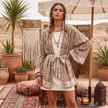 Load image into Gallery viewer, Green Floral Boho Kimono, Bohemian Bikini Cover-up
