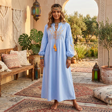Load image into Gallery viewer, Retro Linen Cotton,Wheat Emberoidered, Lantern Sleeve Boho Maxi Dress
