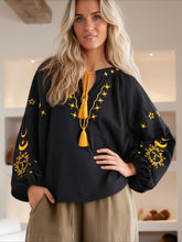 Load image into Gallery viewer, Star Moon Embroidery, Linen Cotton Blouse,Lace-up Tassel Boho Shirts
