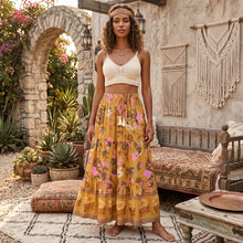 Load image into Gallery viewer, Mustard Floral Tiered Boho Maxi Skirt - Yellow Long Skirt

