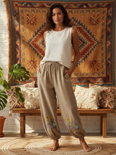 Load image into Gallery viewer, Wild Flower Embroidery ,Linen Cotton Baggy Pants, Bloomers Loose Yoga Trousers
