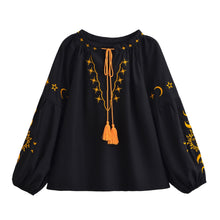 Load image into Gallery viewer, Star Moon Embroidery, Linen Cotton Blouse,Lace-up Tassel Boho Shirts
