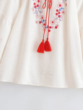 Load image into Gallery viewer, Retro Floral Embroidered ,Linen Cotton Blouse ,Lace-up Tassel Boho Shirts
