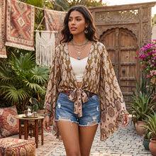 Load image into Gallery viewer, Floral Print Rayon Kimono Top - Ruffle Sleeve Tie Front Crop Top
