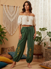Load image into Gallery viewer, Sun Moon Embroidery ,Linen Cotton Baggy Pants ,Loose Yoga Trousers
