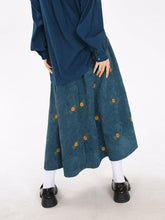 Load image into Gallery viewer, Retro Brown Corduroy Skirt , Embroidery Floral Midi Skirt
