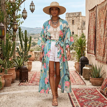 Load image into Gallery viewer, Boho Green Crane &amp; Floral Print Kimono | Rayon Beach Cover-up &amp; Robe
