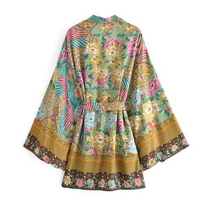 Green Peacock Floral  ,bohemian kimono ,Boho Bikini Cover-ups