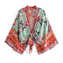 Load image into Gallery viewer, Peacock Floral Print,Short Kimono , Boho Cover-ups
