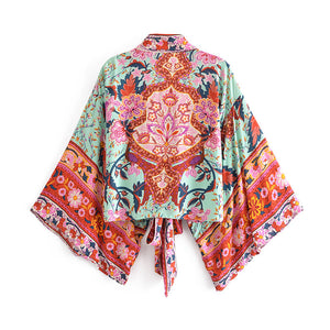 Peacock Floral Print,Short Kimono , Boho Cover-ups