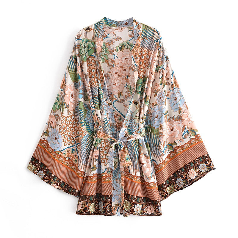 Peacock Floral Print , Bohemian Kimono,Boho Robe Kimono