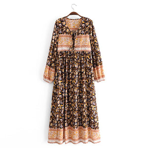 Multi Floral Print ,tie Neck ,Boho Maxi Dresses