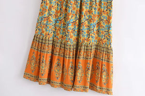 Yellow Floral Print,,High Elastic, Boho Maxi Skirt