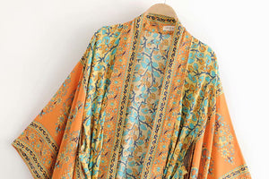Yellow Floral Print,Bohemian Kimono, Boho Maxi Dress