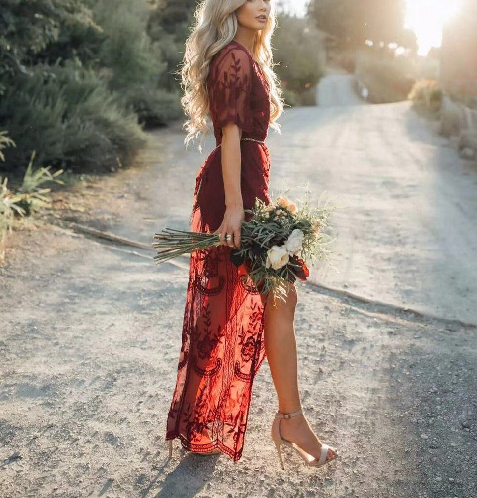 red lace boho dress Burgundy Embroidered Tulle Maxi Dress