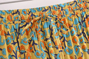 Yellow Floral Print,,High Elastic, Boho Maxi Skirt