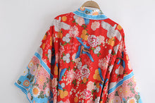 Load image into Gallery viewer, Birds Floral Print Kimono,Boho Kimono,Bikini Cover-ups
