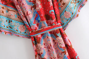 Peacock Red Print,Boho Kimono, Bikini Cover-ups