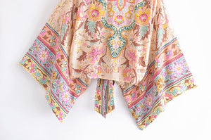 Peacock Floral Print,Short Kimono , Boho Cover-ups