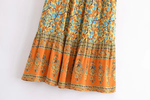 Yellow Floral Print,,High Elastic, Boho Maxi Skirt