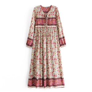 Multi Floral Print ,tie Neck ,Boho Maxi Dresses