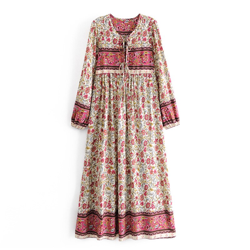 Multi Floral Print ,tie Neck ,Boho Maxi Dresses