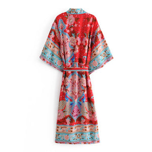 Peacock Red Print,Boho Kimono, Bikini Cover-ups