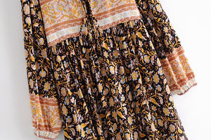 Multi Floral Print ,tie Neck ,Boho Maxi Dresses