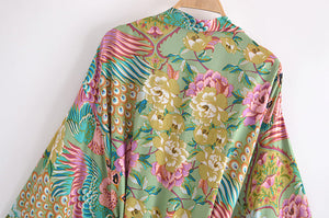 Green Peacock Floral  ,bohemian kimono ,Boho Bikini Cover-ups