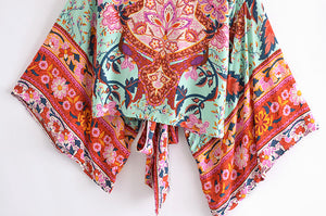 Peacock Floral Print,Short Kimono , Boho Cover-ups