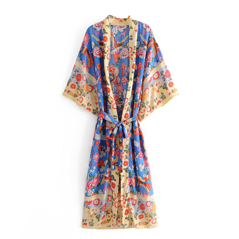 Floral Bird Print , Bohemian Kimono, Boho Maxi Dress Robe