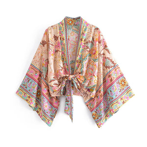 Peacock Floral Print,Short Kimono , Boho Cover-ups