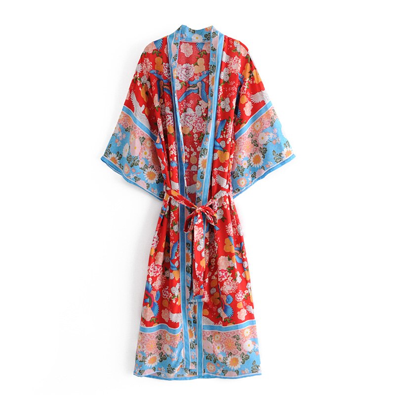 Birds Floral Print Kimono,Boho Kimono,Bikini Cover-ups