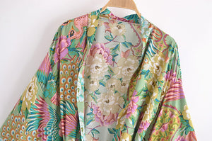 Green Peacock Floral  ,bohemian kimono ,Boho Bikini Cover-ups