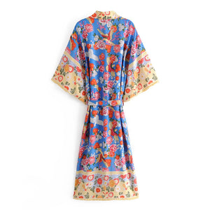 Floral Bird Print , Bohemian Kimono, Boho Maxi Dress Robe
