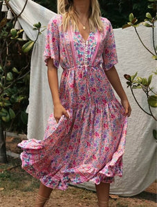 Maxi Dress, Boho Dress,Pink Floral Print