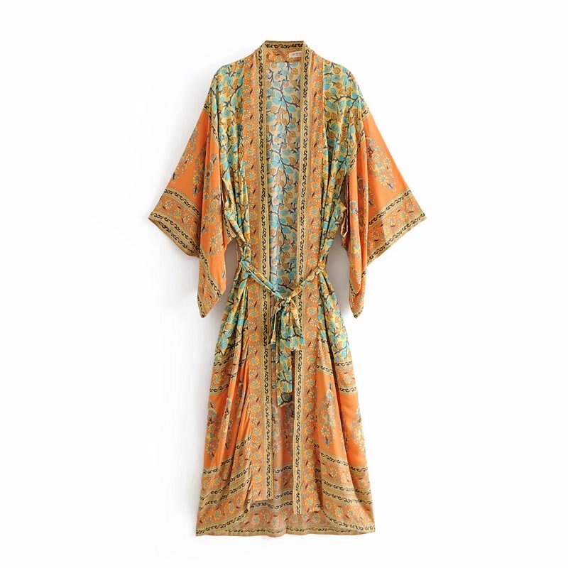 Yellow Floral Print,Bohemian Kimono, Boho Maxi Dress