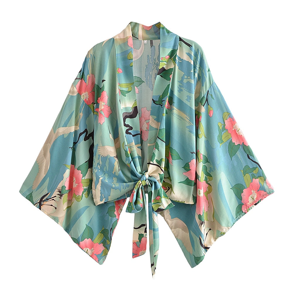 Green Crane Print,Boho Kimono , Bikini Cover-ups