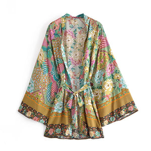 Green Peacock Floral  ,bohemian kimono ,Boho Bikini Cover-ups