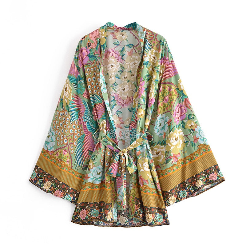 Green Peacock Floral  ,bohemian kimono ,Boho Bikini Cover-ups