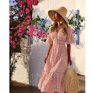 Solid Hollow,Bohemian Midi Dress ,Boho Sundress