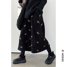 Load image into Gallery viewer, Retro Brown Corduroy Skirt , Embroidery Floral Midi Skirt
