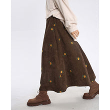 Load image into Gallery viewer, Retro Brown Corduroy Skirt , Embroidery Floral Midi Skirt
