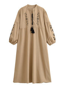 Retro Floral Emberoidery, Linen Cotton Vacation, Boho Maxi Dress