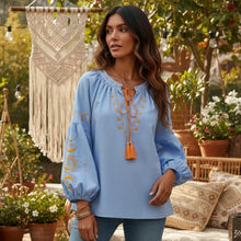 Load image into Gallery viewer, Celestial Embroidered Linen Blouse - Sun Boho Top
