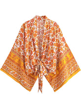 Load image into Gallery viewer, Bohemian Kimono, Boho Bikini Cover-ups,Black Floral Print
